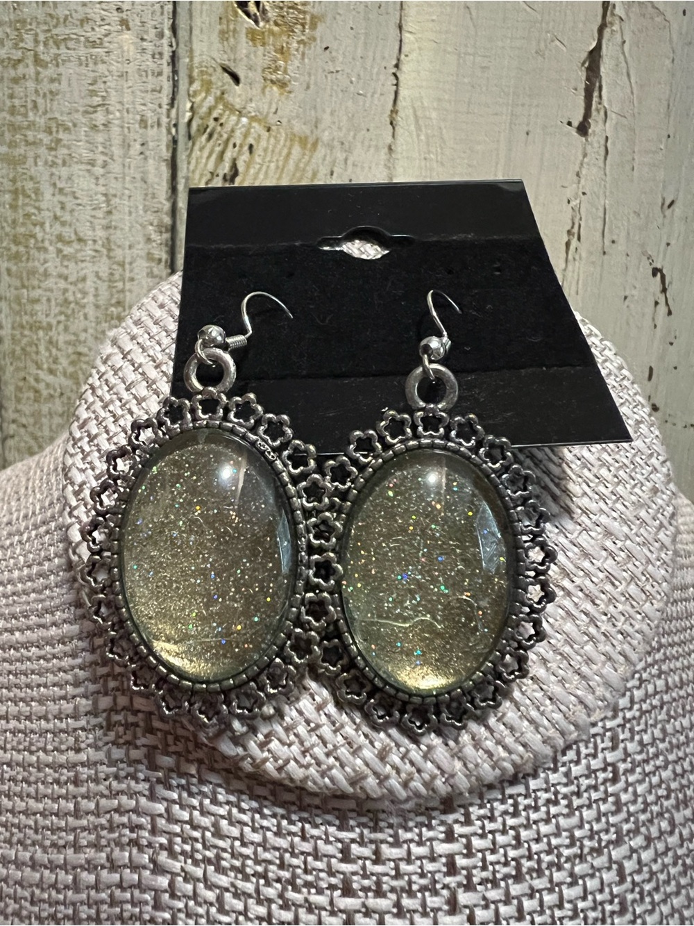 Silver-Tone Oval Glitter Drop Earrings - Sparkling Clear